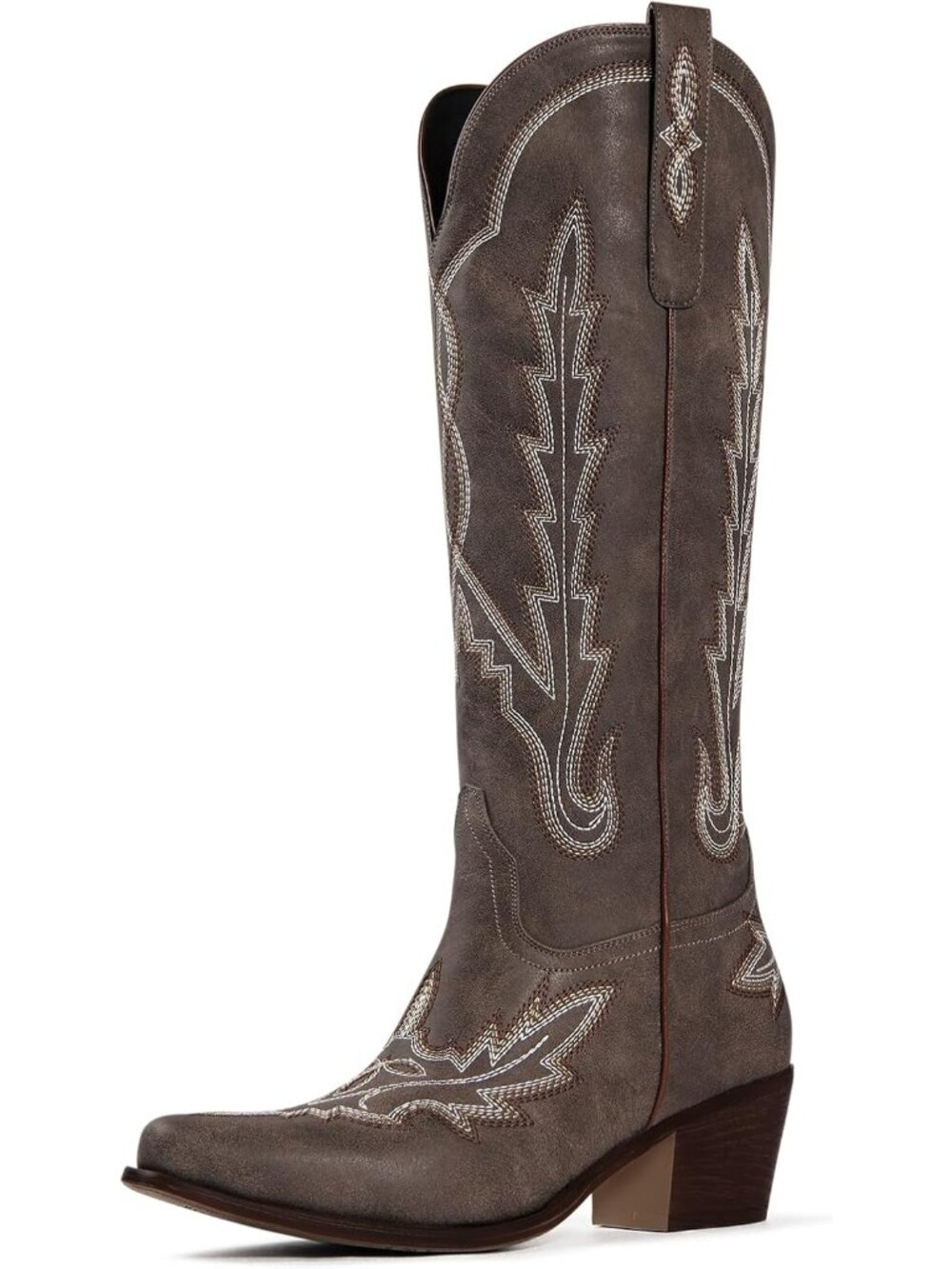 Women's Brown Knee High Classic Embroidered Pull On Pointed Toe Chunky Heel Boot